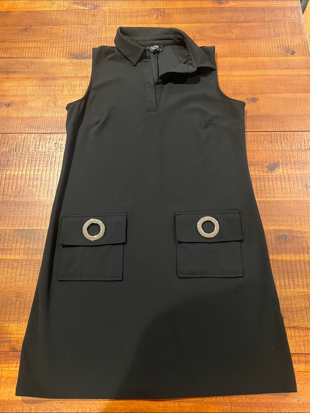 MSK Black Sleeveless Polo Shift Dress with Grommet Pocket Detail